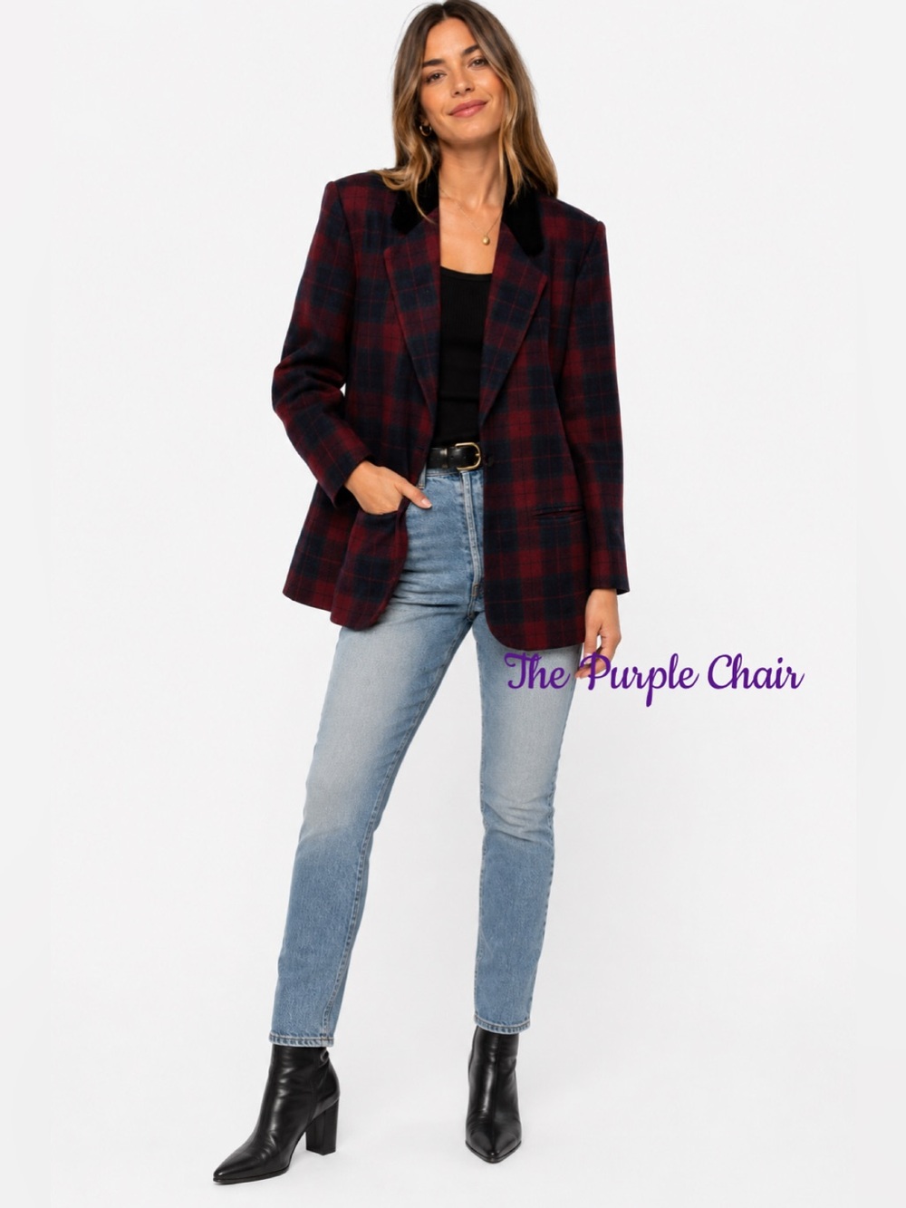 Vintage Plaid Long Sleeve Velvet Collar Wool Blend Button Front Blazer 14